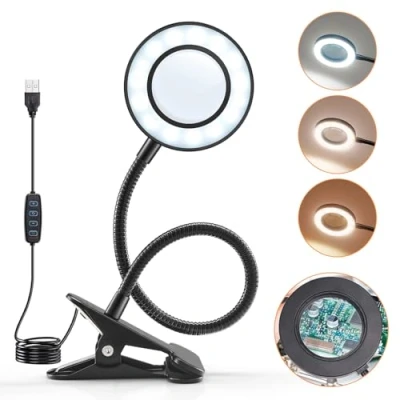 Immagine di Lampada da Tavolo, 5X Con Lente lngrandimento Luce, 48 Led Tavolo,3 Colore 10 Luminosità Scrivania a Pinza,360 Flessibile Tavolo