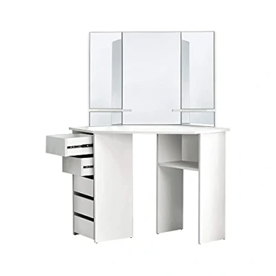 Immagine di ML Design Tavolo Cosmetico ad Angolo Bianco da Trucco con 3 Specchi 5 Cassetti e Scomparti 110 x 141,5 54 cm Tavolino Toelette per Donne Ragazze Spogliatoio in Legno MDF