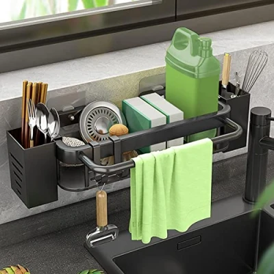 Immagine di Porta Spugna da Cucina Senza Forare, Organizer Lavello in Acciaio Inox, Lavandino, Portaspugne per Appendere con 2 Bacchette, Ganci e Portasciugamani