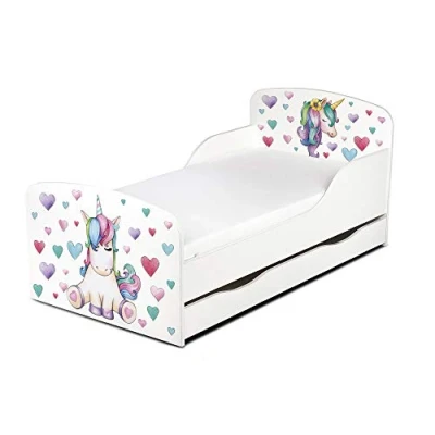 Immagine di Leomark Letto Lettino per bambini in legno, cassetto cassettone e materasso, rete a doghe, magnifiche stampe, dimensioni del materasso 140 x 70 cm, colore bianco con motivo: UNICORNO Cuori Colorati