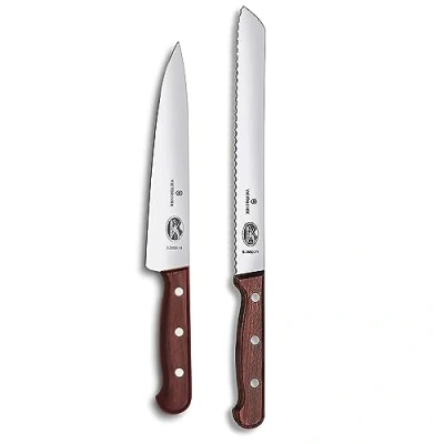 Immagine di Victorinox set da cucina in legno, di coltelli 2 pezzi, coltello pane, intaglio, extra affilato, elegante manico marrone