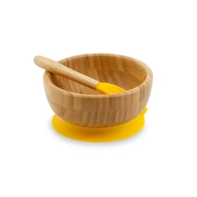 Immagine di BIOZOYG Set con Ciotola rotonda di bambù I base a ventosa e cucchiaio certificato FSC Splendida scodella in per bambini ciotole pappa muesli giallo