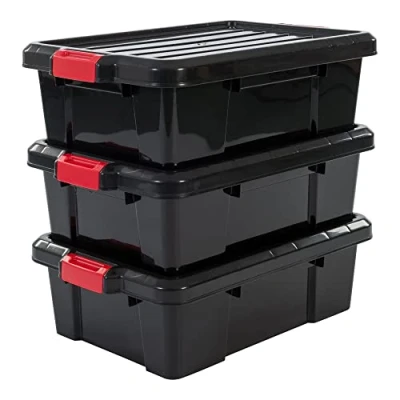 Immagine di Iris Ohyama, Set di 3 scatole fai da te, 25 L, con chiusura a scatto, impilabile, garage Power Box SK 230 Nero