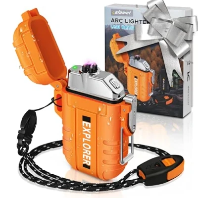 Immagine di Lafagiet Accendino USB ricaricabile, impermeabile, doppio arco, per campeggio, escursionismo, kit di sopravvivenza all’aperto, F13 Arancione