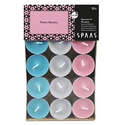Immagine di Spaas 30 Scented Tealights Assorted Colours, ± 4.5 Hours Poetic Mystery lumini profumati, Colori Assortiti, 4,5 Ore, Cera di paraffina, Tazza Alluminio, Rosa Blush, unità