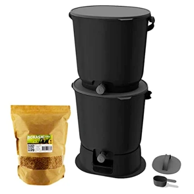 Immagine di Moutta Bokashi Organko Essential Nero (15,3L) Set di 2 secchi per compost organico con compattatore + 1 kg attivatore fermentazione EM