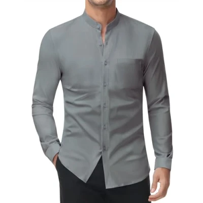 Immagine di DEMEANOR Camicia elasticizzata senza colletto, da uomo, a maniche lunghe, lavoro, slim fit, stiratura, grigio scuro, S