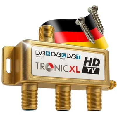 Immagine di TronicXL Splitter SAT a 3 ingressi I 24 k Gold Distributore antenna spina F Passaggio DC per Vodafone TV via Cavo DVB C BK T2 Unicable Full HD compatibile 3D 4K digitale