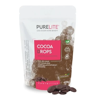 Immagine di PURELITE Cocoa Drops cioccolato fondente vegan 450g, gocce grandi di senza zuccheri aggiunti con eritritolo e stevia, retrogusto, attente alle calorie, min. 60% cacao