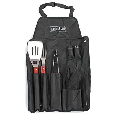 Immagine di MasterCook Kit Accessori Professionali In Acciaio Per Barbecue Con Grembiule, Set Bbq Pinza, Forcone, Spatola E Guanto,