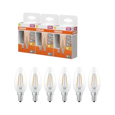 Immagine di OSRAM Lampada LED Star Candle Shape B25 a filamento, 2700 K bianco caldo, 1,8 W, E14, trasparente, 250 lm, 15.000 ore, per lampadari, apparecchi decorativi,3 Pack