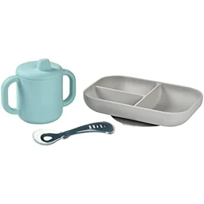 Immagine di Béaba, Set Pasti per Bambini in Silicone, 3 Pezzi, Piatto Diviso + Tazza Cucchiaio, Silicone Sano e Durevole, Lavabile Lavastoviglie, Adatto a Microonde, Blu