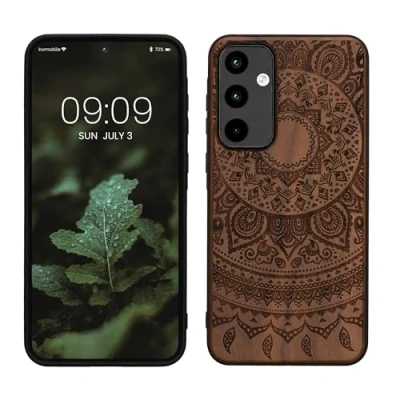 Immagine di kwmobile Custodia Compatibile con Samsung Galaxy A55 5G Cover Back Case in Legno Bumper Silicone TPU Sole indiano marrone scuro