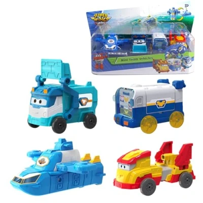 Immagine di Super Wings Mini Team Transforming Vehicles, incluso World Aircraft Robot, Marc Cleaning Vehicle, Golden Wheels Pets Base, Transformer giocattolo per bambini e bambine dai 3 anni in su.