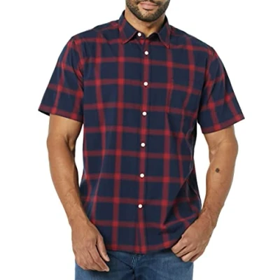Immagine di Amazon Essentials Camicia in Popeline a Maniche Corte Slim Uomo, Blu Marino Rosso Buffalo Plaid, XL