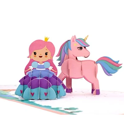 Immagine di MOKIO® Biglietto Auguri Pop Up Principessa e Unicorno regalo 3D per un compleanno, d&#039;auguri con busta ragazze