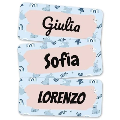 Immagine di melu kids® Etichette adesive personalizzate per vestiti e altri articoli (100 pezzi) Non è necessario stirare, adesivi con nome a prova di lavatrice Lepri