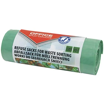 Immagine di OFFICER Products 22025232 02 Sacchetti per la spazzatura resistenti, 120 l, confezione da 10/1 rotolo, separazione del vetro/vetro, antistrappo (LDPE), colore: verde