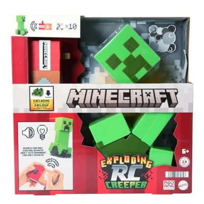 Immagine di Mattel Minecraft Creeper RC Esplosivo, personaggio radiocomandato del videogioco con controller e design pixelato, luci, suoni 10 particelle esplosive, giocattolo per bambini, 6+ anni, HRR48