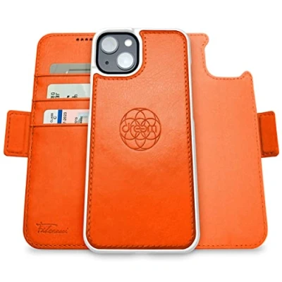 Immagine di dreem Fibonacci compatibile con iPhone 14 custodia a portafoglio/custodia antiurto 2 in 1 e folio pelle vegana staccabile, MagSafe, protezione RFID [Arancione]