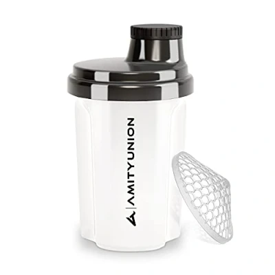 Immagine di AMITYUNION shaker per proteine 300 ml Heaven a prova di perdite, senza BPA con setaccio cliccabile e scala frullati cremosi siero latte, proteine, originale in Bianco nero