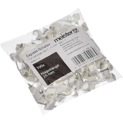 Immagine di Meister 7454160 Morsetto Express 7 11 mm bianco 100 Pezzi in Pratico Set per Il Fissaggio incl premontato, Clip adesive, Fascette Cavi e Chiodi, Colore: Bianco, (100 Stück)