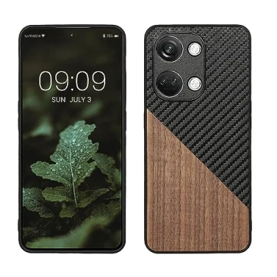 Immagine di kwmobile Cover Compatibile con OnePlus Nord 3 5G Custodia in Fibra di Carbonio e Legno Bumper Anti Urto Back Protection marrone scuro/nero
