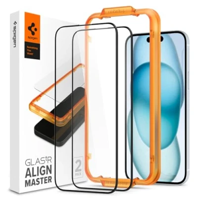 Immagine di Spigen AlignMaster Vetro Temperato compatibile con iPhone 15, 2 Pezzi, Cornice di Allineamento inclusa, Copertura Totale, Durezza 9H Pellicola prottetiva