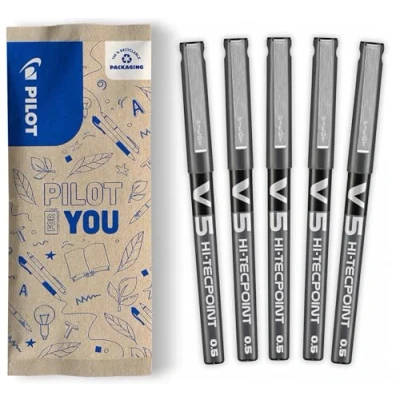 Immagine di Pilot V5, Confezione Da 5 Penne Roller A Inchiostro Liquido, Punta Fine Per Scrittura Precisa (Punta 0,5 mm), Asciugatura Rapida, Evita Fuoriuscite Di