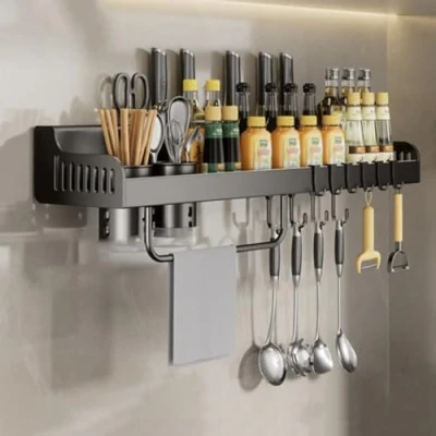 Immagine di Hovoto portaspezie da parete, mensole cucina, scaffale per utensili organizer condimenti, appendere con fessura coltelli, 6 ganci, 2 tazze,