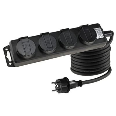 Immagine di ChiliTec Ciabatta elettrica a 4 prese, con prese contatto di protezione, coperchio ribaltabile, cavo da 3 m, IP44, presa multipla per interni ed esterni, 230 V, 16 A, colore nero