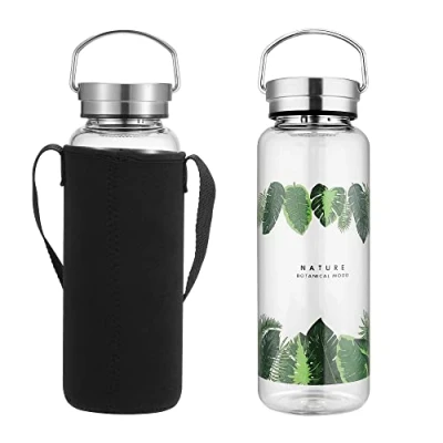 Immagine di sunkey Bottiglia Acqua in Vetro Borosilicato 1l Portatile Leak Proof Tappo, Bpa Free (1000ml)