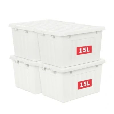 Immagine di Cetomo 15L*4 Scatola portaoggetti in plastica,Bianco,Tote box,Contenitore organizzativo con coperchio resistente e fibbie di chiusura sicure, Impilabile inseribile, Confezione da 4, fibbia