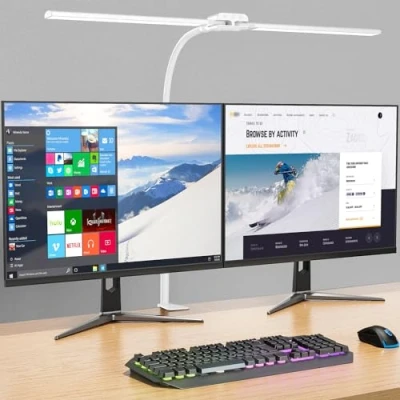 Immagine di KableRika lampada da scrivania a doppia testa LED dimmerabile, luminosa con morsetto per ufficio domestico, collo di cigno 4 modalità colore e luminosità,