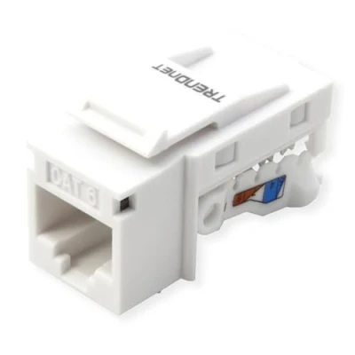 Immagine di TRENDnet Cat6 Keystone Jack Confezione da 50 pezzi, terminazione angolare a 90, etichettatura codificata colori per cablaggio T568B, TC K50C6, bianco