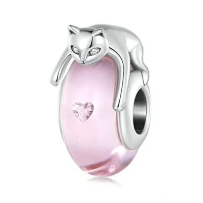 Immagine di YaShuo Jewellery Perlina in vetro di Murano Argento sterling per braccialetti Pandora, Cristallo Sterling, Gatto rosa.