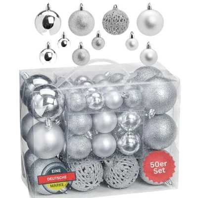 Immagine di WOMA Set di palline per albero Natale, argento e 22 altri colori, 50 100 in plastica, decorazioni Natale