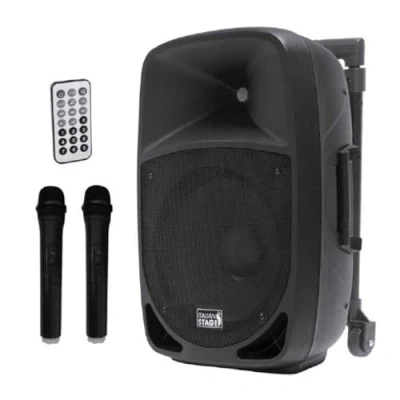 Immagine di Italian Stage IS FR15AWV2 Sistema audio Trolley Amplificato 15&quot; a batteria con 2 microfoni wireless UHF, SD Card, USB, modulo Bluetooth e telecomando, 200w di Picco, Nero