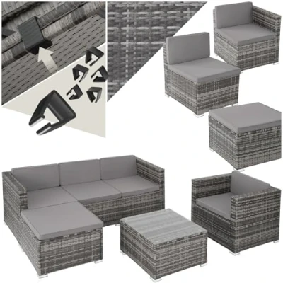 Immagine di TecTake® Salottino in Rattan Lignano, Set da Giardino Versatile, Comode Poltrone, Tavolino Salotto con Lastra Vetro di Sicurezza, Resistente ai Raggi UV Grigio