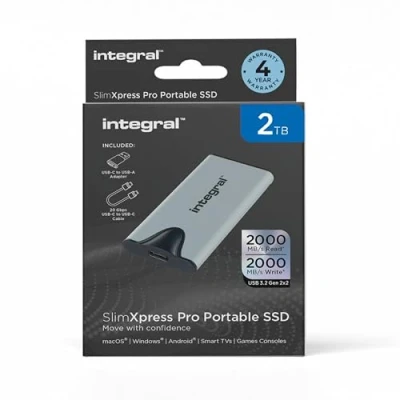 Immagine di Integral SlimXpress Pro SSD portatile da 2 TB, 2000 MB/s in lettura/scrittura, USB 3.2 Gen 2x2, alloggiamento compatto alluminio, Plug &amp; Play, compatibile con Mac, PC, Android, XBOX, PlayStation