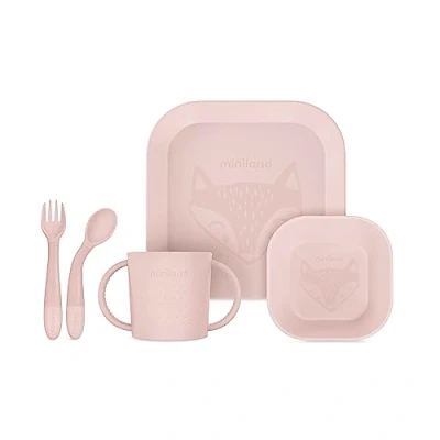 Immagine di Miniland Meal Set Square Candy. di stoviglie quadrato che comprende piatto, ciotola, bicchiere e posate flessibili, realizzato in Spagna con materiali alta qualità