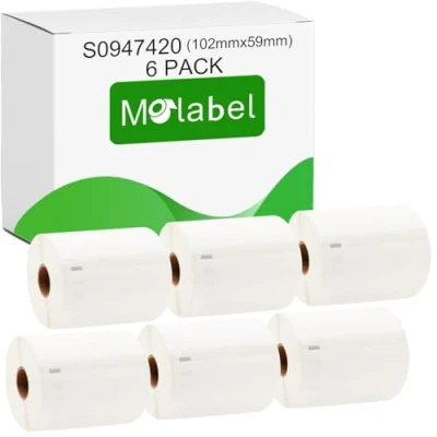 Immagine di Molabel 6 rotoli di etichette autoadesive S0947420, compatibili con DYMO, 102 mm x 59 mm, 3450 grandi per la spedizione, adatte DYMO LabelWriter 4XL