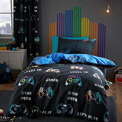 Immagine di Catherine Lansfield Game Over Set copripiumino matrimoniale reversibile con federe, colore: nero