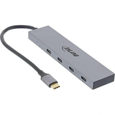 Immagine di InLine® Hub USB 3.2 Gen.2 (10Gb/s), Type C a 4 porte (1 Port Power Through fino 100W), OTG, alloggiamento in alluminio, grigio, senza alimentatore di rete