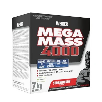 Immagine di Weider Mega Mass 4000 Polvere Per l&#039;Aumento di Peso con 48 g Proteine ​​e Creatina Porzione lo Sviluppo Muscolare e un Apporto Elevato Calorie 7 kg Fragola