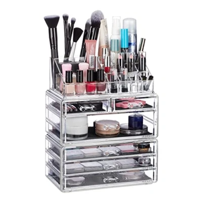 Immagine di Relaxdays Contenitore Per Cosmetici Con 6 Cassetti, 22 Scomparti, Make Up Organizer, Box Porta Trucchi, Acrilico, Trasparente, 29 x 23,5 14 cm