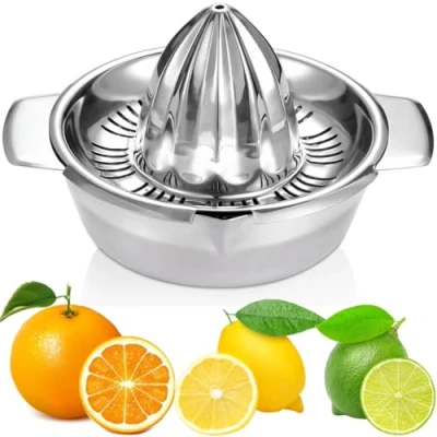 Immagine di Spremiagrumi manuale in acciaio inossidabile 304 robusto arancione pompelmo lime alesatore rotante a mano con filtro e contenitore da 350 ml, 2 beccucci, Ø 13,8 cm, lavabile lavastoviglie,