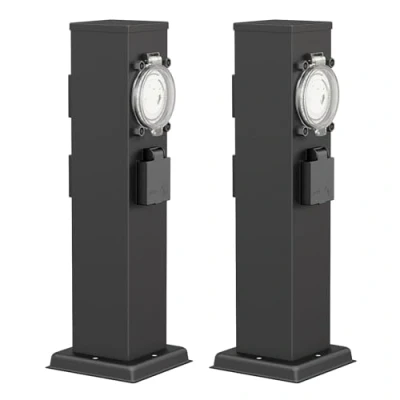 Immagine di ledscom.de 2 prese da giardino a colonna POLLY per esterni, IP44, timer/scatto, 3 vie, acciaio inox, nero, quadrato, 38 cm