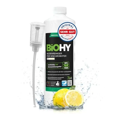 Immagine di BiOHY Detergente per pavimenti robot aspirapolvere con fresco profumo di primavera (Bottiglia da 1l) + Distributore concentrato tutti i Senza schiuma