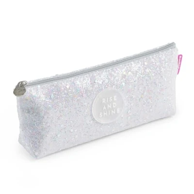 Immagine di Back2Fun Portatutto triangolare lucido, astuccio 1 vano, dimensioni 200 x 80 35 mm, con glitter e maniglia metallica, chiusura zip, materiale poliestere, colore bianco,